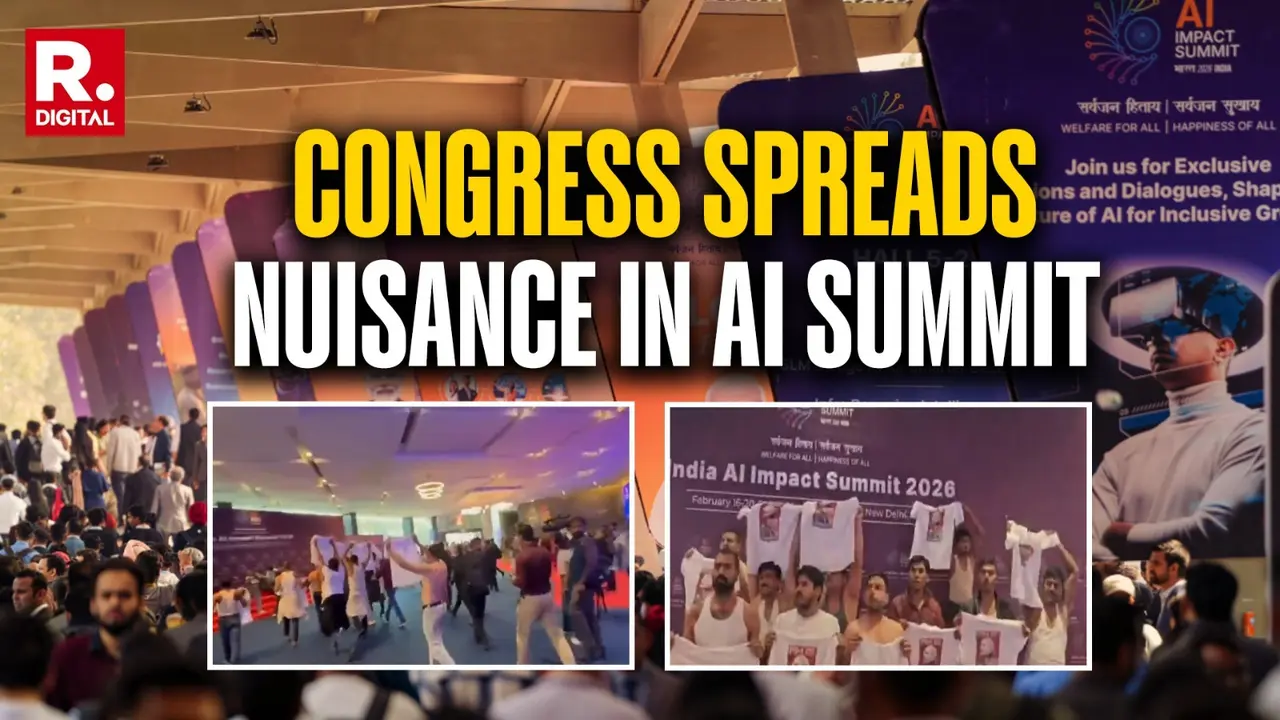 Desperate Congress Workers Storm AI Summit At Bharat Mandapam, Stage Shirtless Protest; Several Detained Desperate Congress Workers Storm AI Summit At Bharat Mandapam, Stage Shirtless Protest; Several Detained