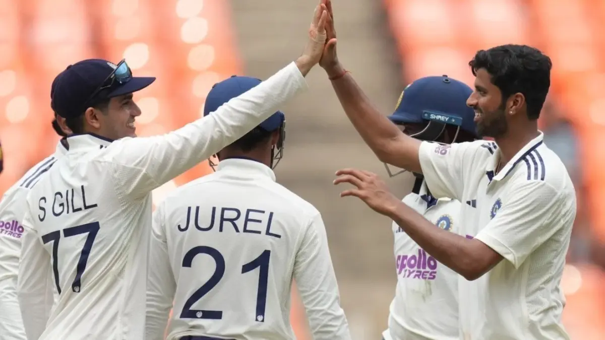 Dhruv Jurel along with his Indian teammates celebrating a dismissal at Ahmedabad Test