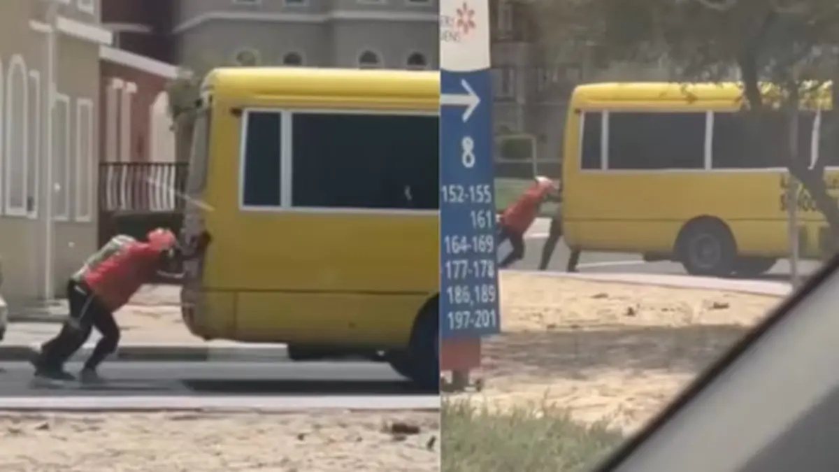 Dubai Delivery Driver Pushes School Bus Stuck In Middle Of Road, Wins Internet | Watch Dubai delivery man helping the school bus in the middle of road