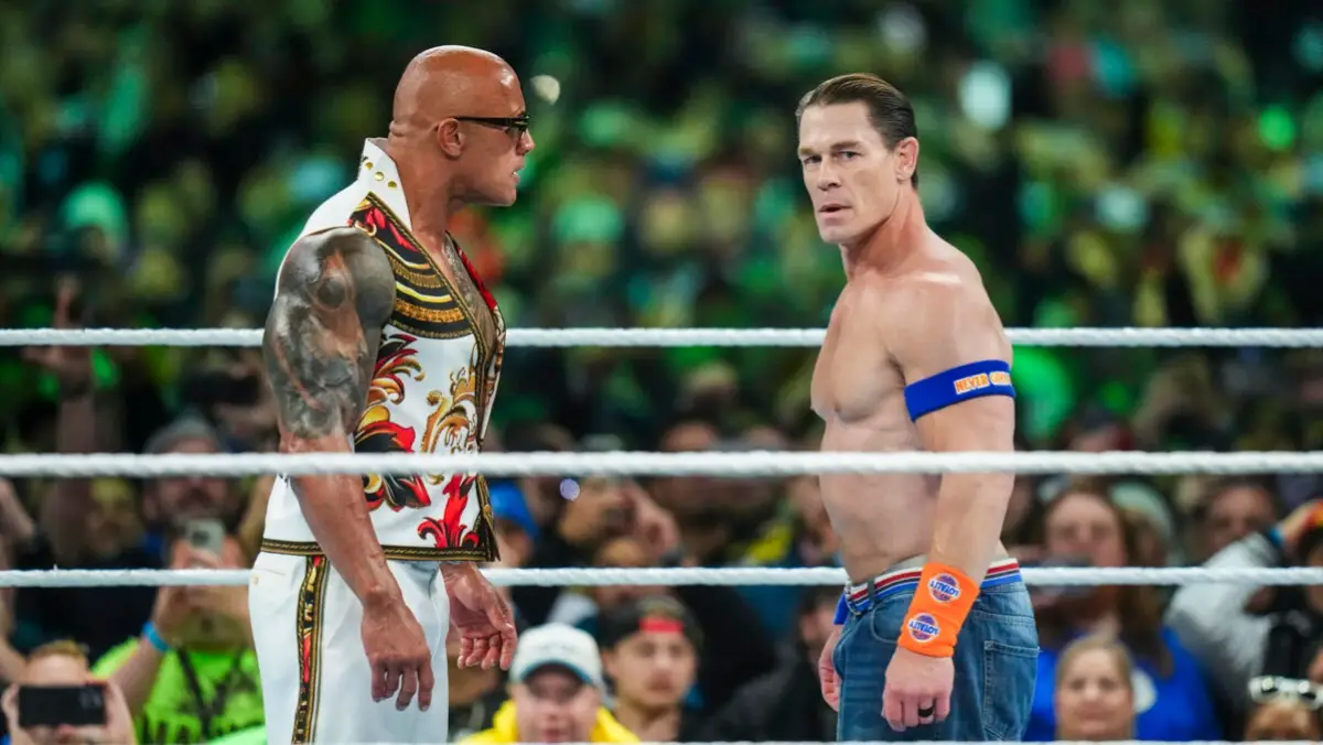 Dwayne The Rock Johnson and John Cena during WrestleMania 40