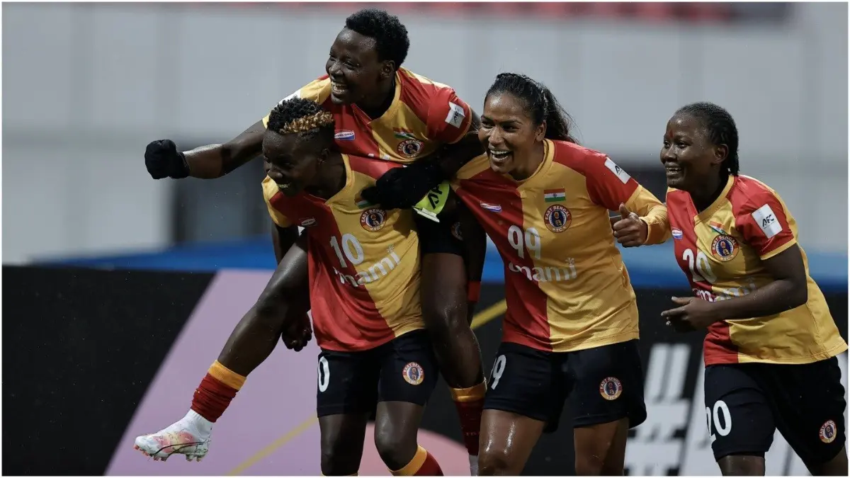 East Bengal Trump Bam Khatoon In AFC Women's Champions League Group Opener East Bengal players celebrate after scoring against Bam Khatoon in AFC Women's Champions League