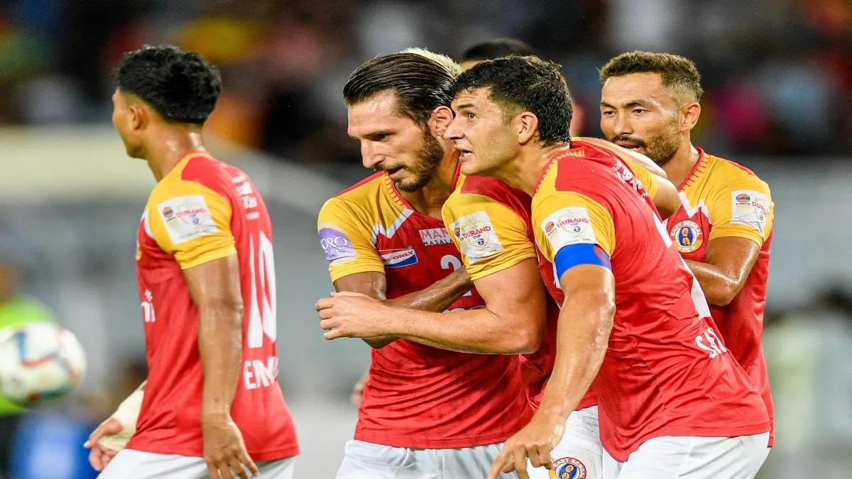 East Bengal players celebrate the first goal