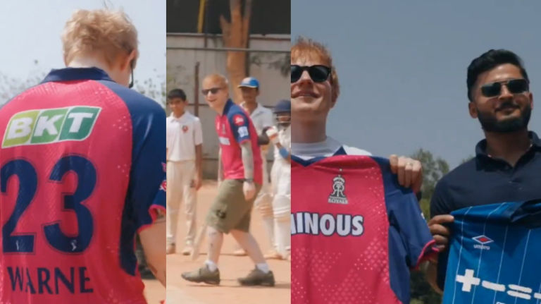 WATCH VIDEO | Ed Sheeran Plays Cricket With Riyan Parag And Tushar Deshpande, Bats While Wearing Shane Warne’s RR Jersey