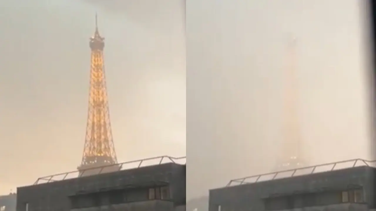 Eiffel Tower disappeared during rain in Paris.