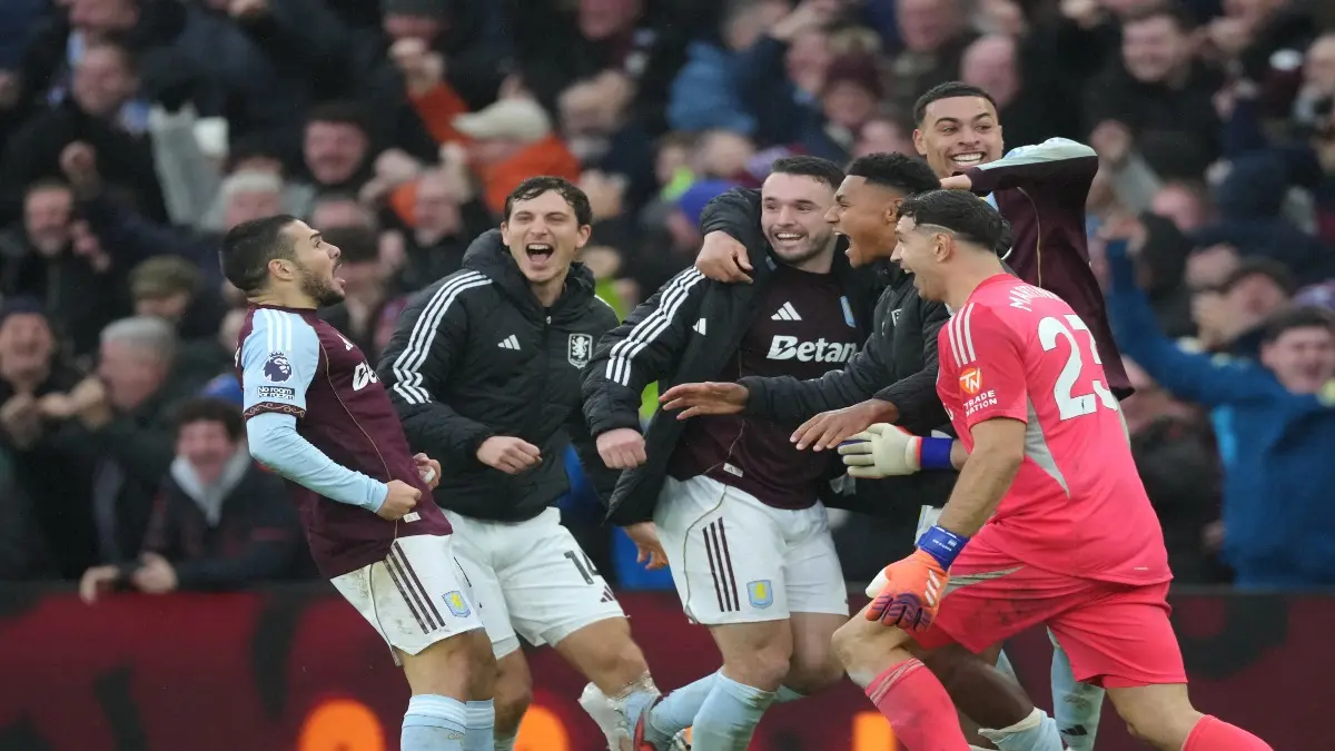 Emiliano Buendia celebrates his goal for Aston Villa