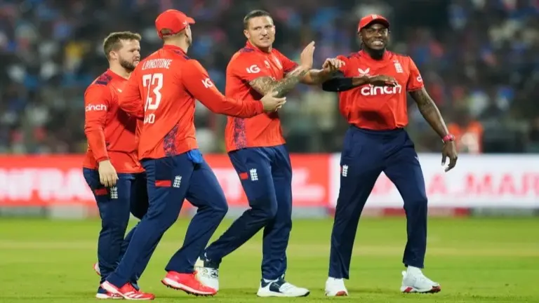 England players celebrate a wicket