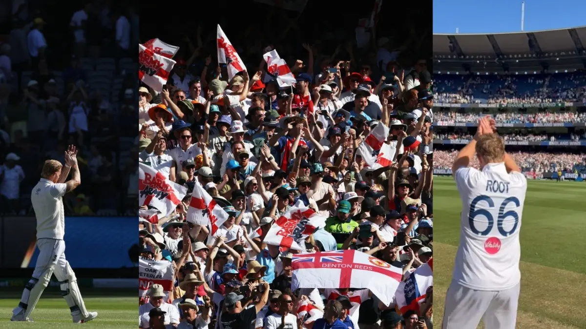 England's Ben Stokes and Joe Root applaud fans after win in Melbourne Test against Australia