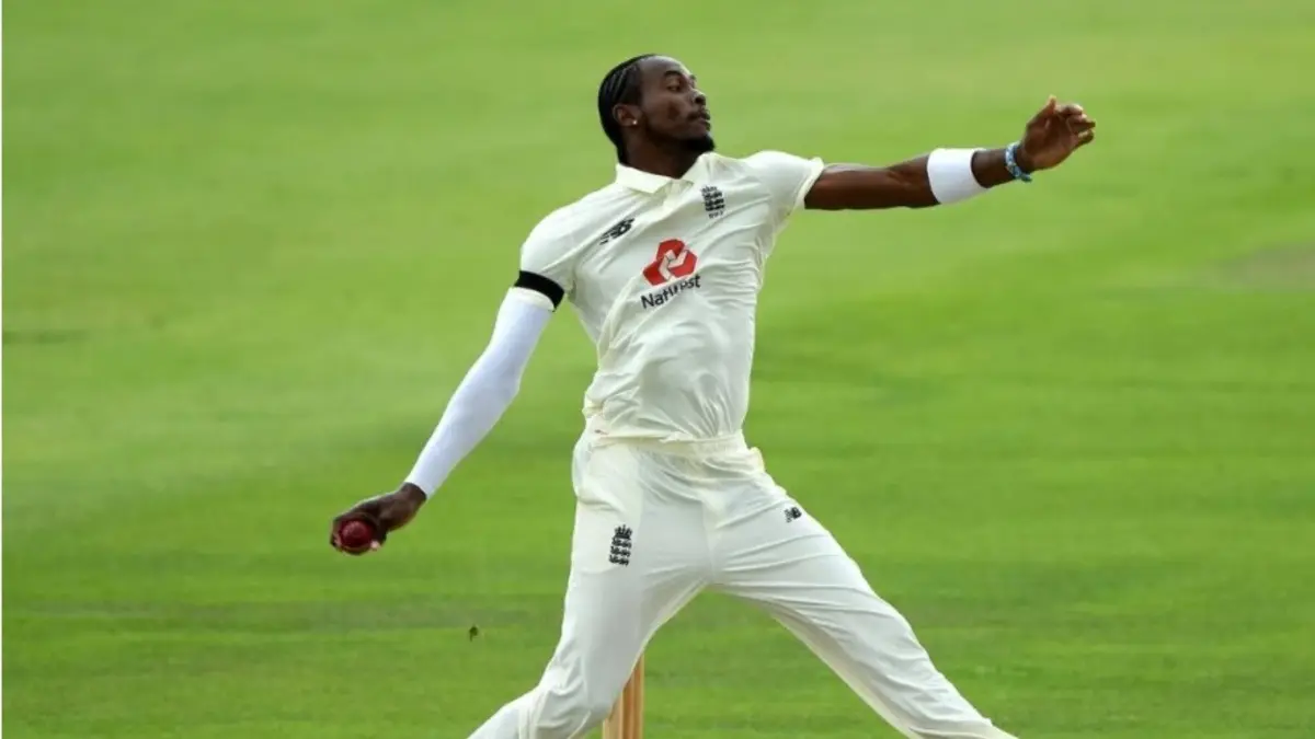 English fast bowler Jofra Archer in action in a Test match