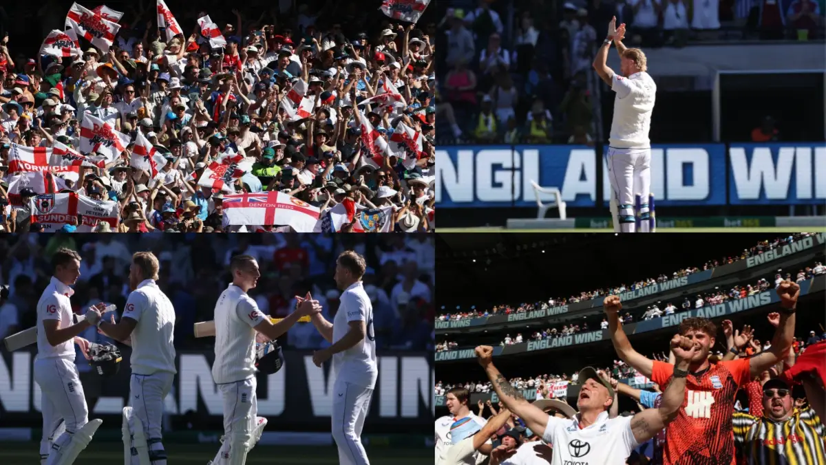 English players and supporters celebrate England's first Test win in Australia since 2011