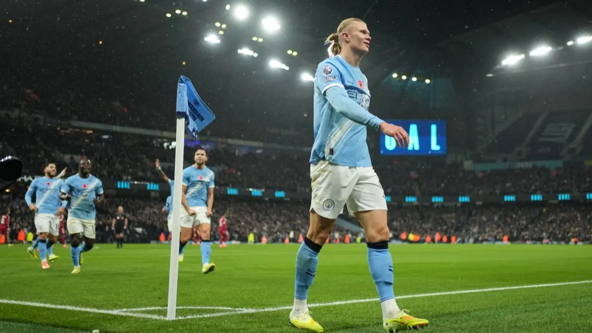 Erling Haaland celebrates after scoring in the Manchester City vs Liverpool game