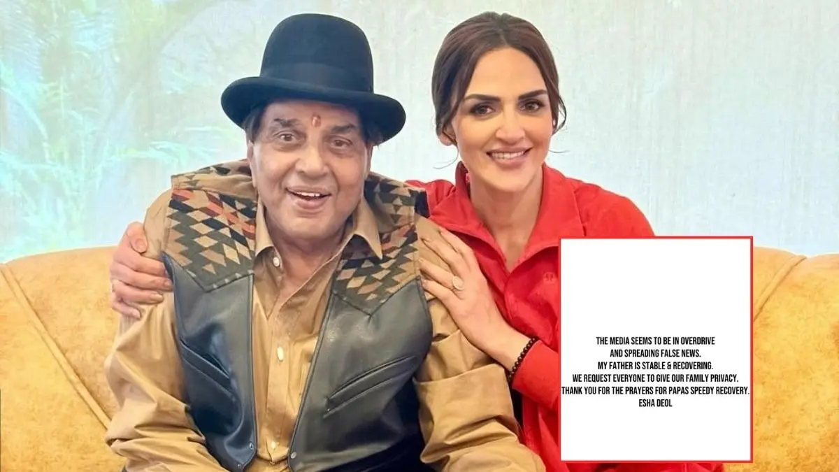 Daughter Esha Deol Reacts To Father Dharmendra's Death Rumours, Confirms 'My Father Is Stable And Recovering' Esha Deol Slams Media For Spreading False Information About Dharmendra's Health.