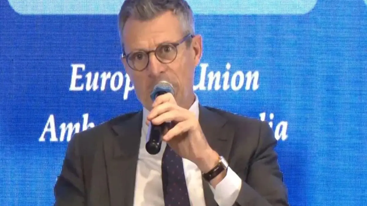 EU Ambassador to India Herve Delphin, speaking at India's World Annual Conclave 2025