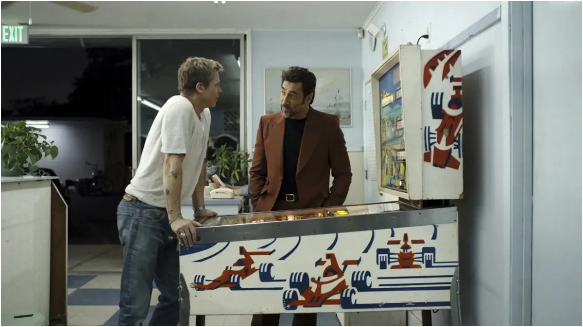 F1 still featuring Brad Pitt and Javier Bardem