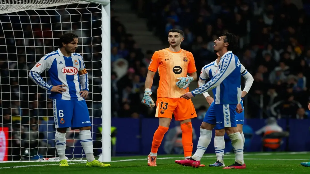 FC Barcelona keeper Joan Garcia reacts during a match