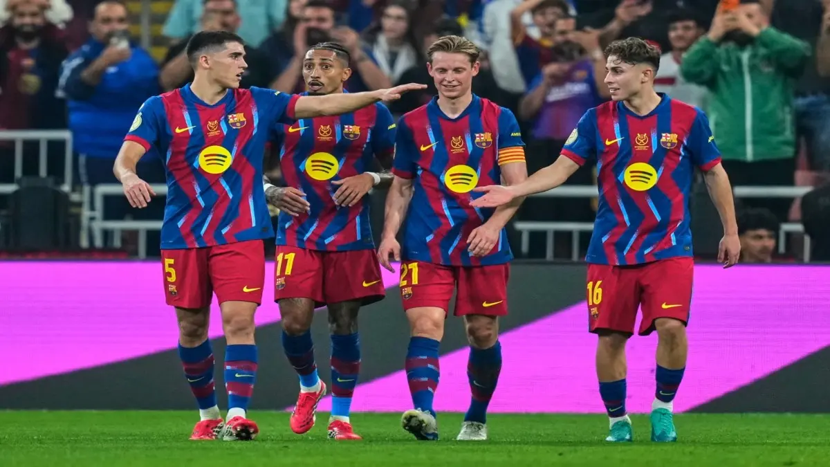 FC Barcelona players celebrate a goal