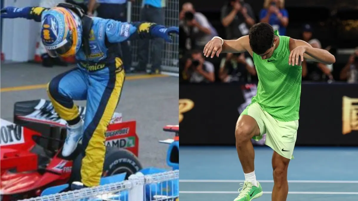 Carlos Alcaraz Replicates F1 Legend Fernando Alonso's Iconic Pose After Victory In Longest Ever Australian Open Semi-Final Fernando Alonso and Carlos Alcaraz
