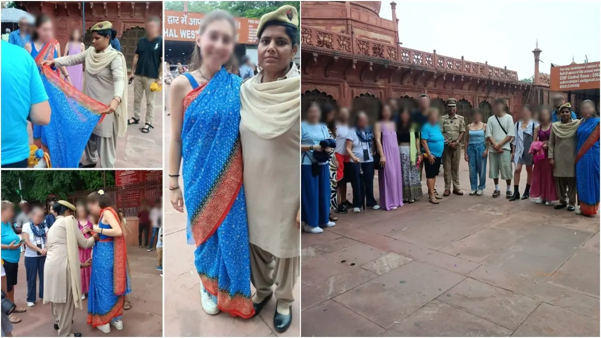 Cop At Taj Mahal Helps Italian Tourists Avoid Wardrobe Malfunction, Fixes Their Sarees | Watch Foreign tourists at Taj Mahal avoided wardrobe malfunction with the help of a cop