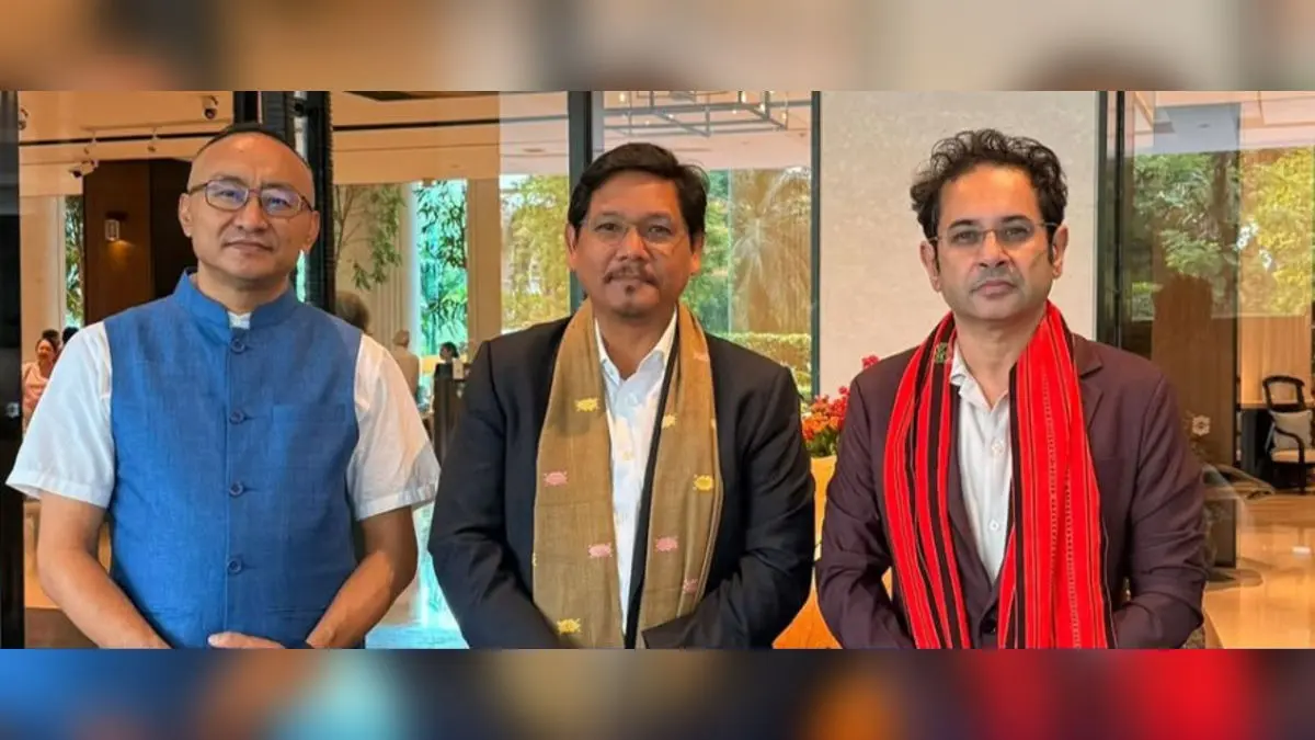 (From Left) Former BJP national spokesperson Mmhonlumo Kikon, Meghalaya Chief Minister Conrad K Sangma, TIPRA Motha founder Pradyot Kishore Bikram Manikya Debbarma and Daniel Langthasa, founder of the People’s Party, Assam, (not in the picture) are leading the joint initiative.