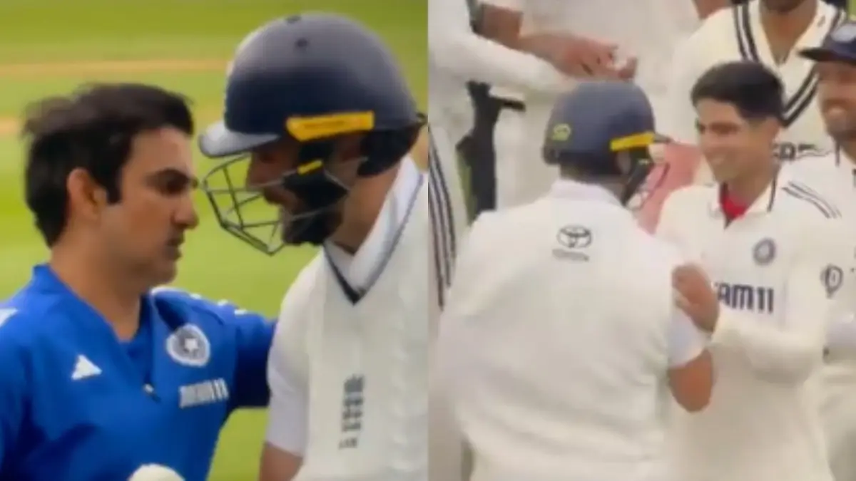 Gambhir lauding Woakes (L), Gill appreciating Woakes's effort (R)