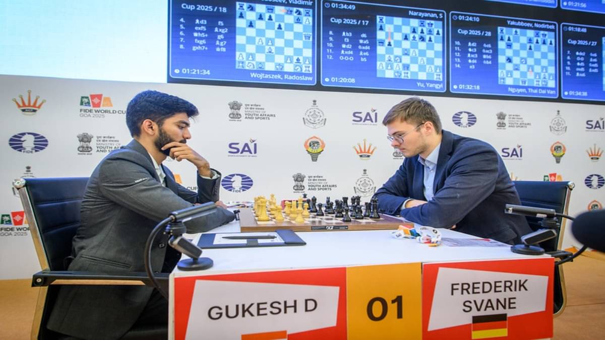 GM Gukesh D and GM Frederik Svane at the FIDE World Cup 2025.