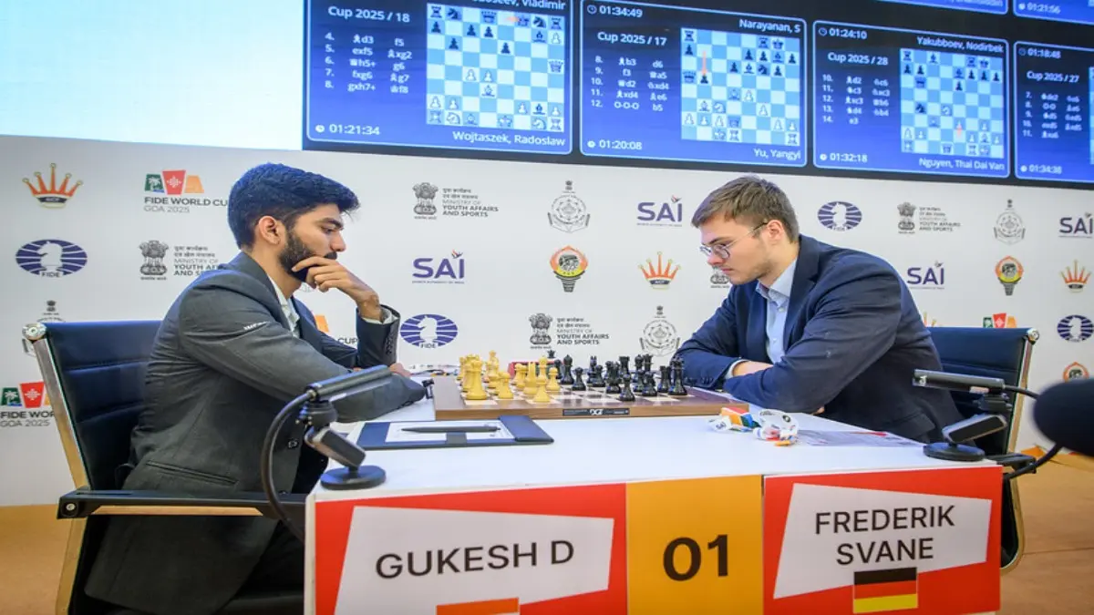 GM Gukesh D and GM Frederik Svane at the FIDE World Cup 2025.