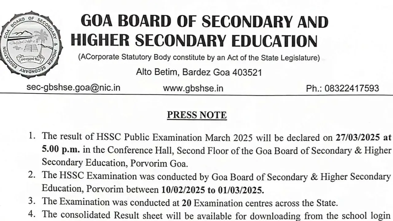 Goa HSSC Result 2025