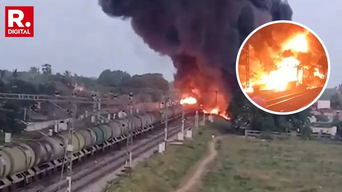 Massive Fire Erupts on Freight Train at Tiruvallur Railway Station in Tamil Nadu Goods Train Catches Fire Near Tiruvallur, No Casualties Reported