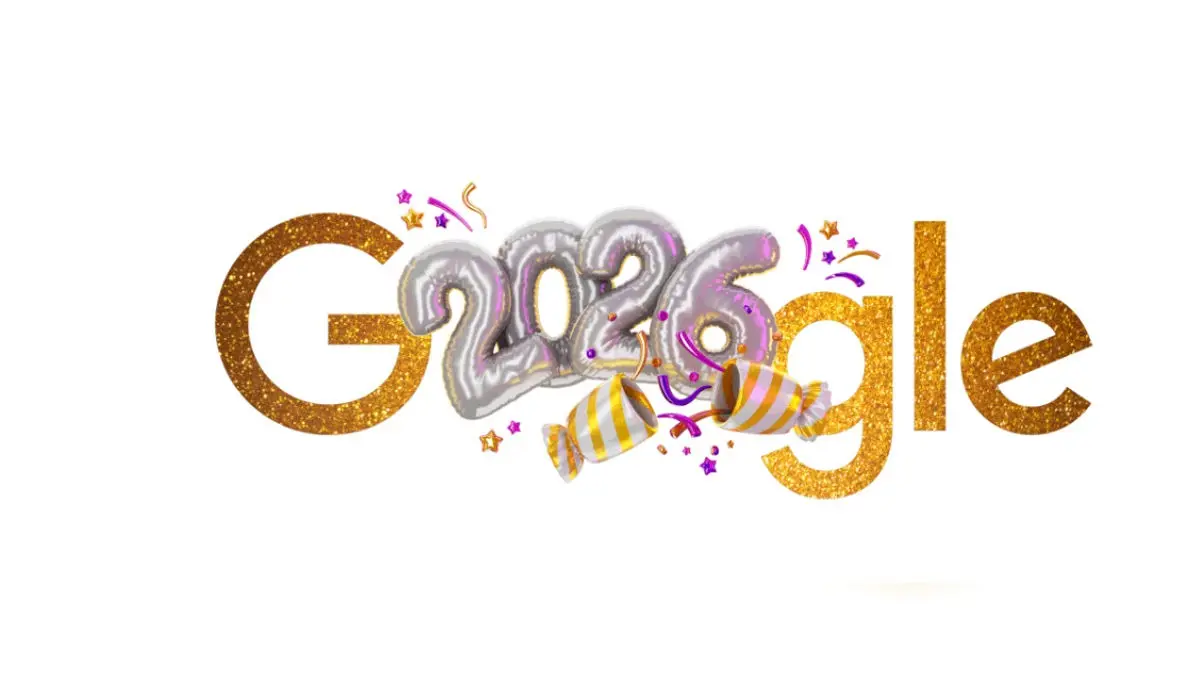 Google Doodle celebrating New Year's Eve 2025 with countdown to 2026