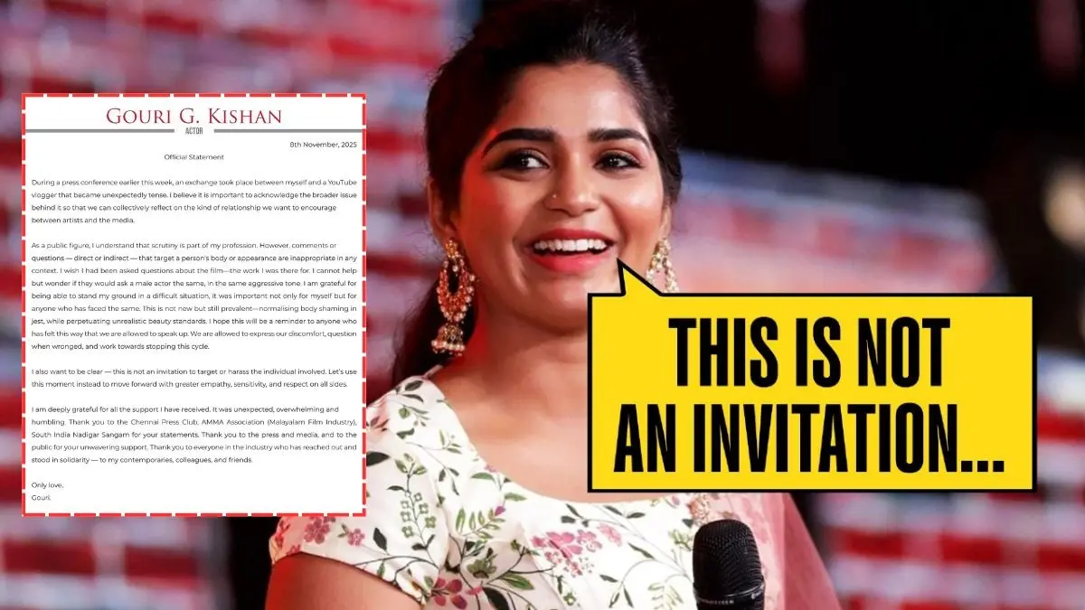 Gouri G Kishan Shares Official Statement Amid Row Over YouTuber's Body-shaming Remark: Would They Ask A Male Actor... Gouri Kishan controversy