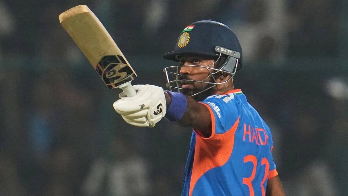 Hardik Pandya celebrates his fifty runs against Namibia