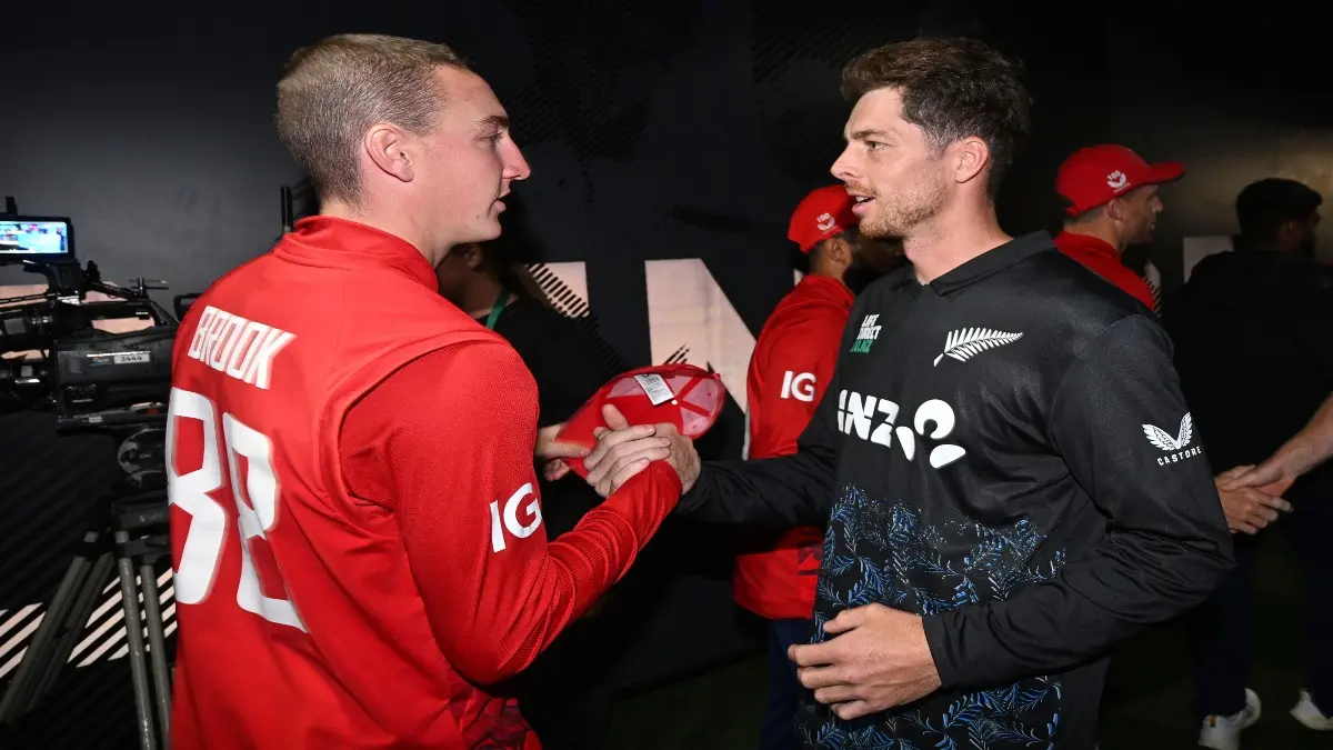 Harry Brook and Mitchell Santner Share a moment