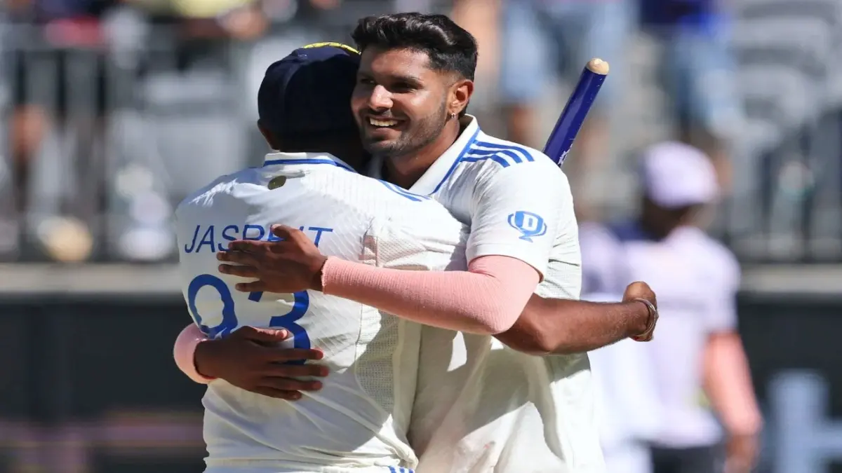 Harshit Rana celebrates India's win with Jasprit Bumrah