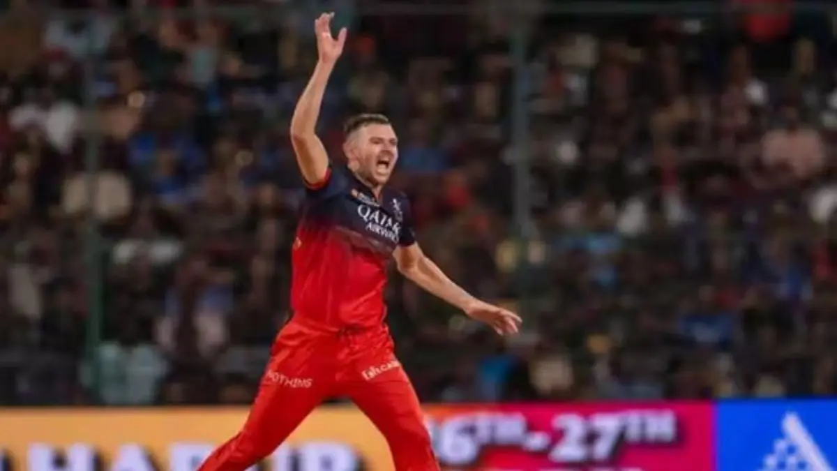 Hazlewood appeals during a game in IPL 2025