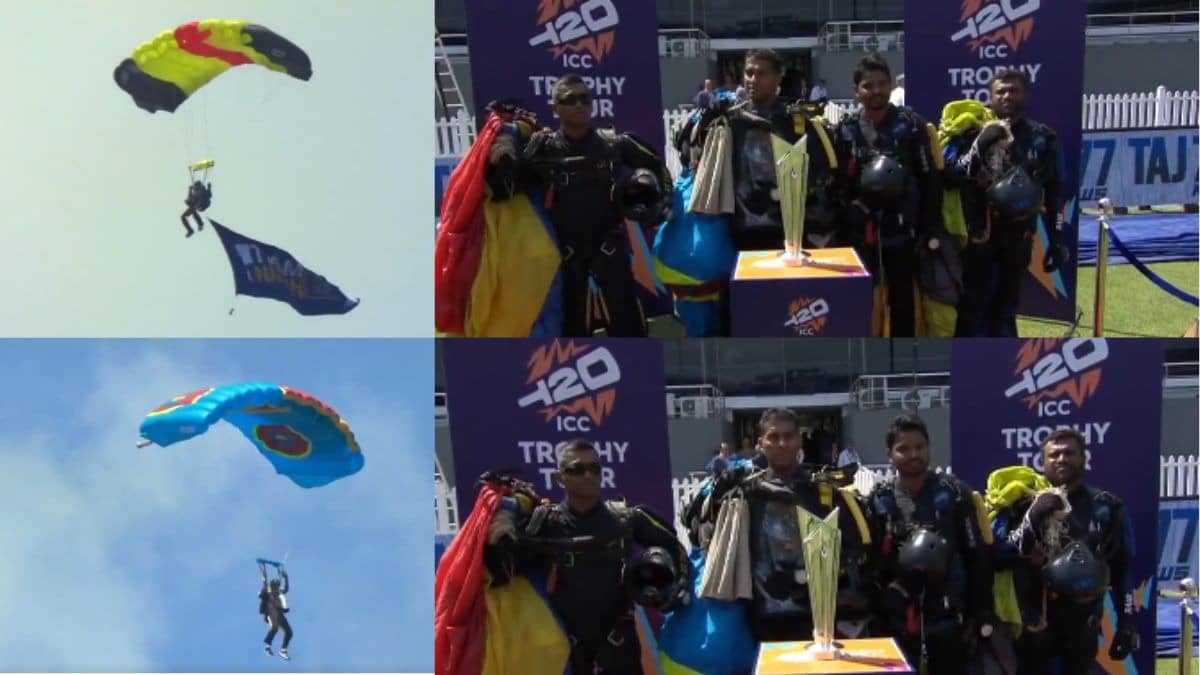 icc t20 world cup 2026 trophy look in sky paragliders landed colombo Premadasa stadium video viral