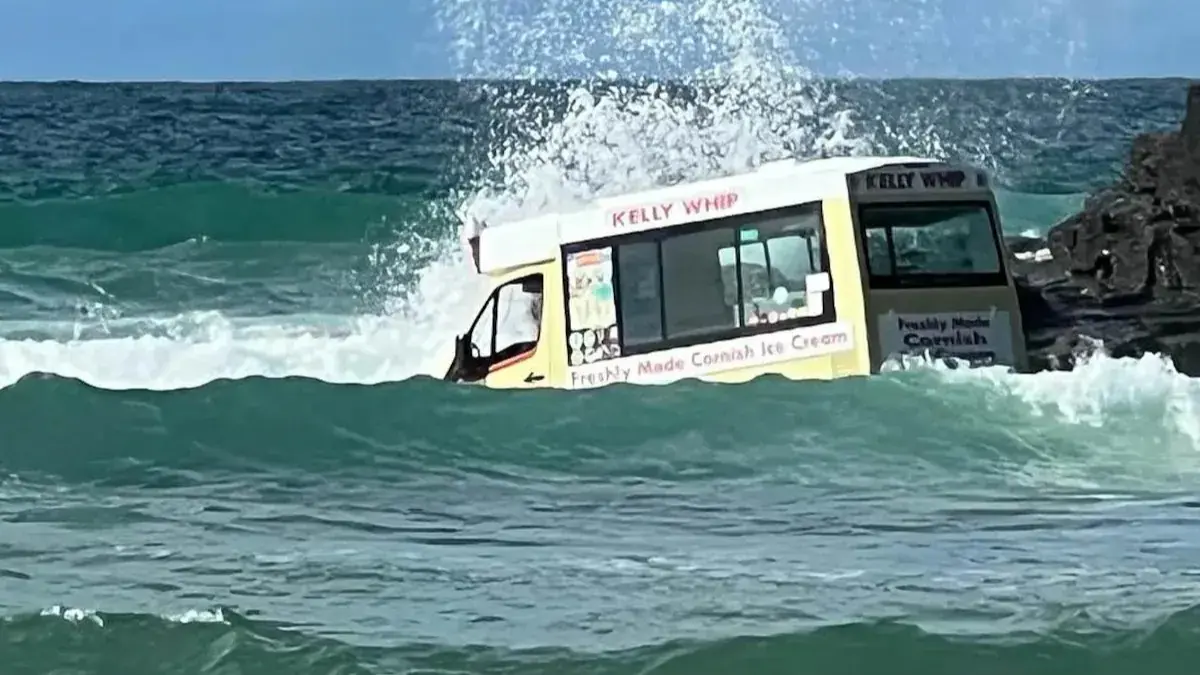 Video: Dramatic Moment as Ice Cream Truck Swept Out to Sea at UK Beach Ice Cream Van in UK