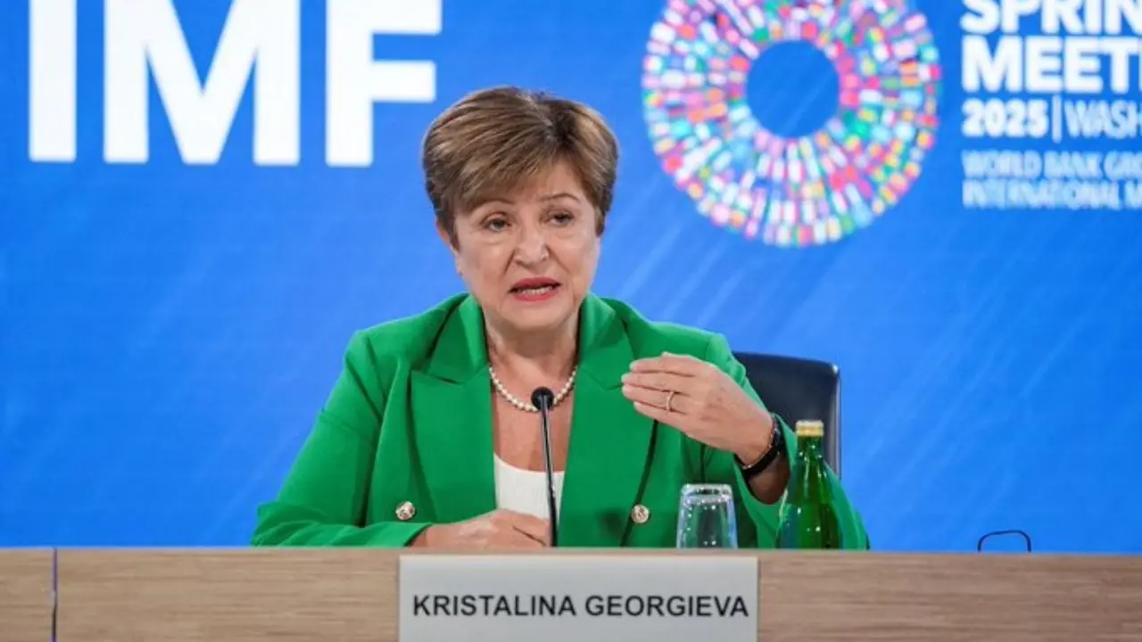 IMF Managing Director Kristalina Georgieva holds a press briefing during the 2025 annual IMF