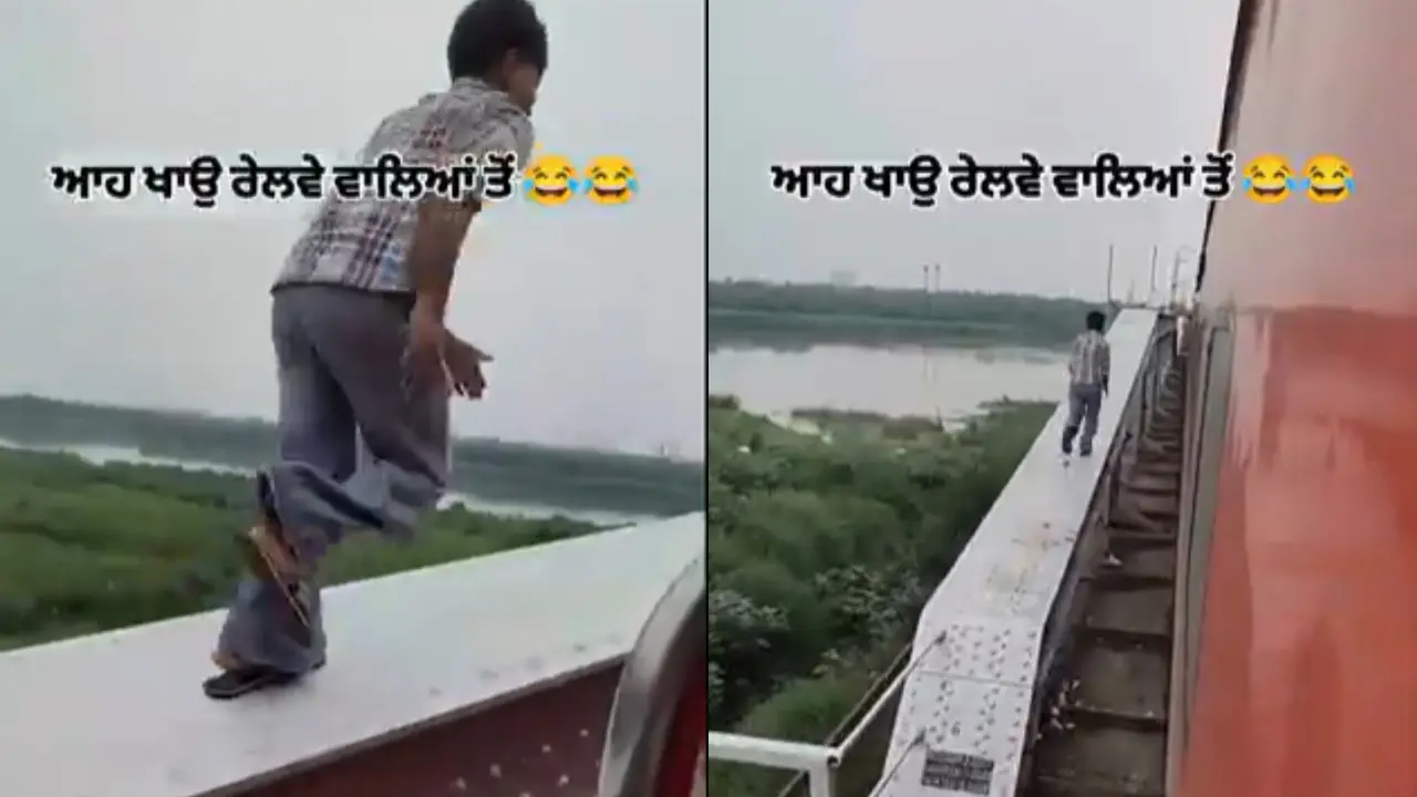 In the video, a man can be seen performing a dangerous stunt by running alongside a moving train.