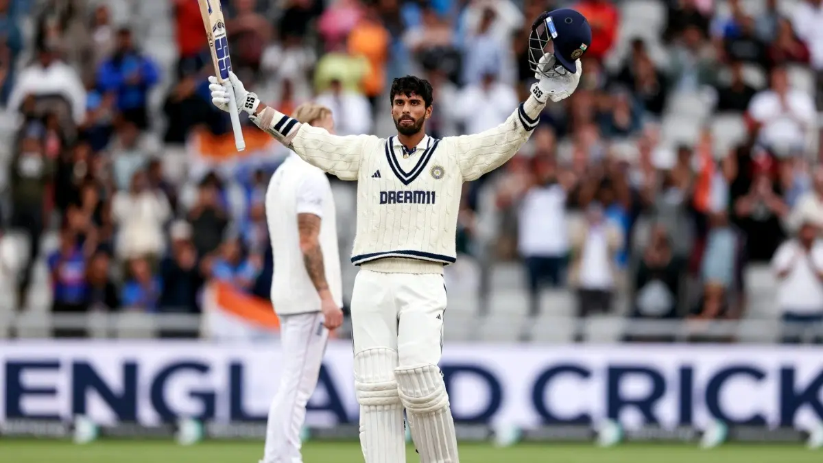 India all-rounder Washington Sundar celebrates after scoring century against England at the Old Trafford Test