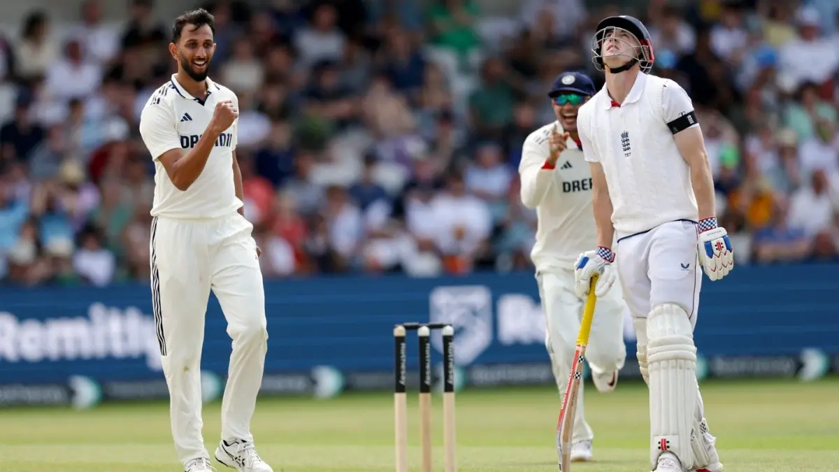 IND vs ENG - Pacer Prasidh Krishna Takes The Blame For Team India's Defeat At Headingley Test Against England: 'It's My Responsibility' India pacer Prasidh Krishna celebrates the wicket of England's Harry Brook at Headingley Test
