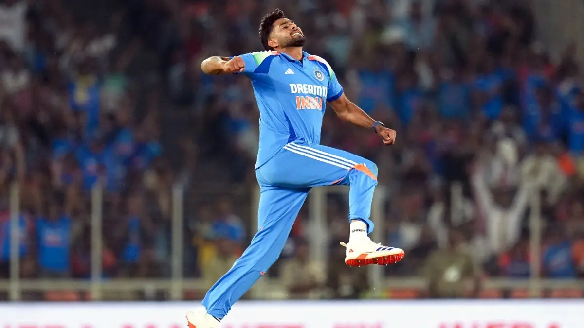India's Harshit Rana celebrates after taking a wicket against England in 2025