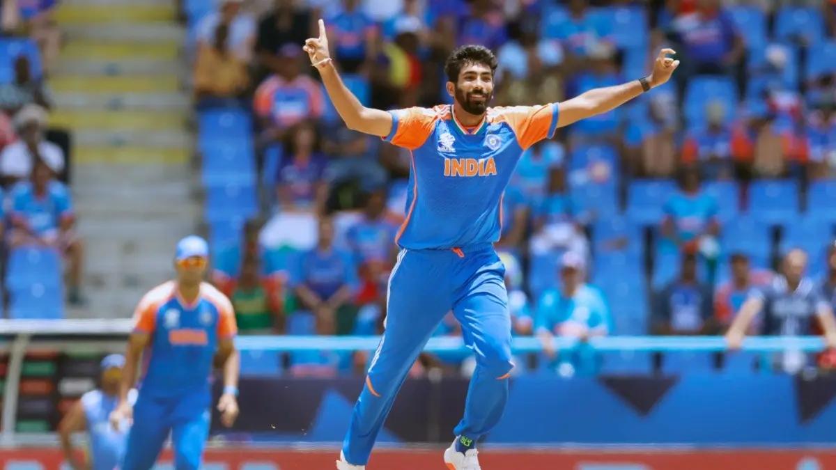 India's Jasprit Bumrah celebrates after taking a wicket in the T20 World Cup 2024