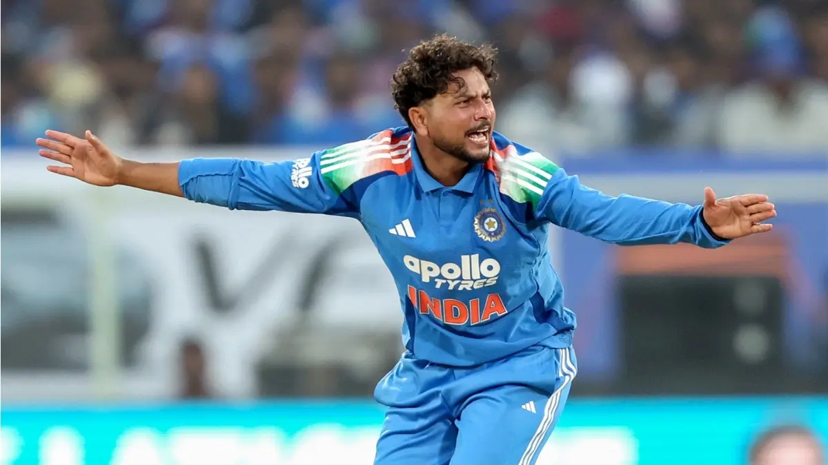 India's Kuldeep Yadav celebrates after taking a wicket against South Africa in Visakhapatnam