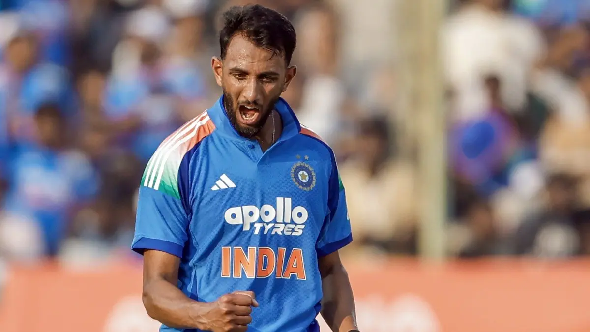 India's Prasidh Krishna celebrates after taking a wicket against South Africa in 3rd ODI