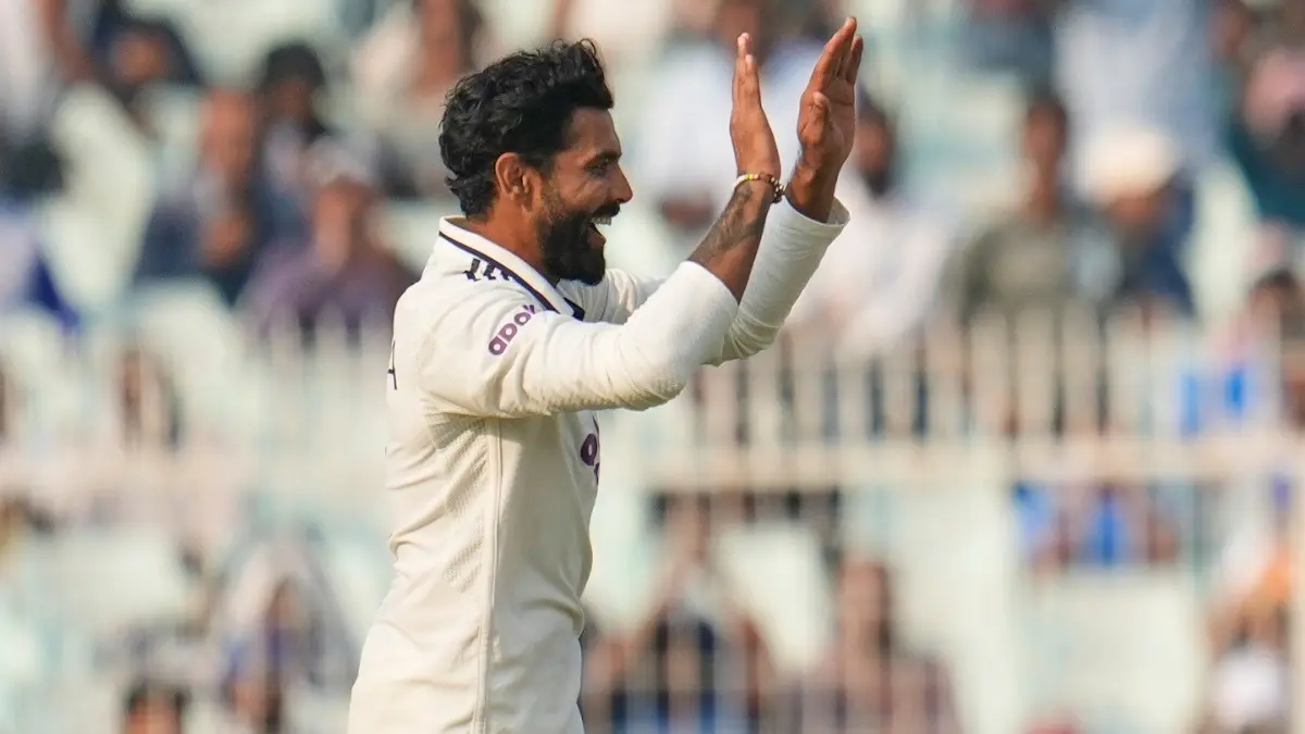 India's Ravindra Jadeja celebrating after taking a wicket against South Africa in Kolkata Test
