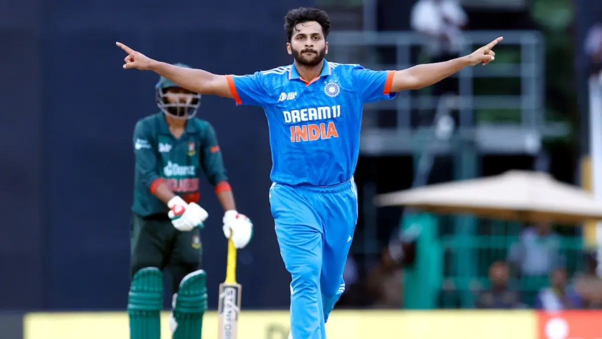 India's Shardul Thakur celebrates after taking a wicket against Bangladesh in the Asia Cup 2023