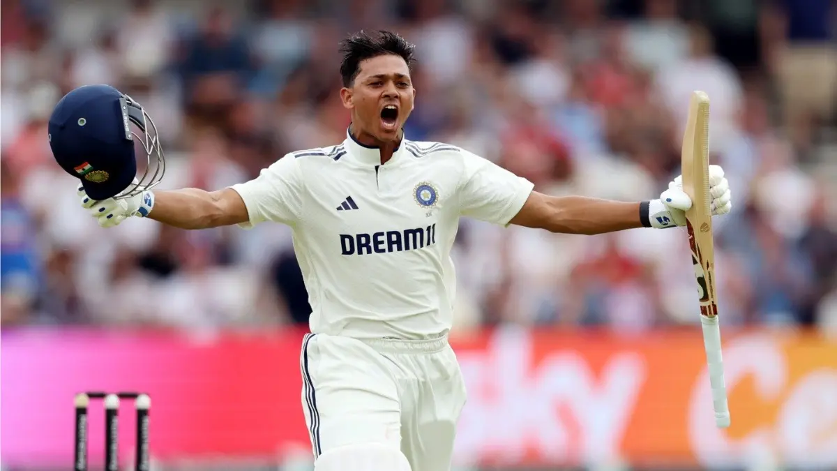 India's Yashasvi Jaiswal celebrates his century against England, at Headingley