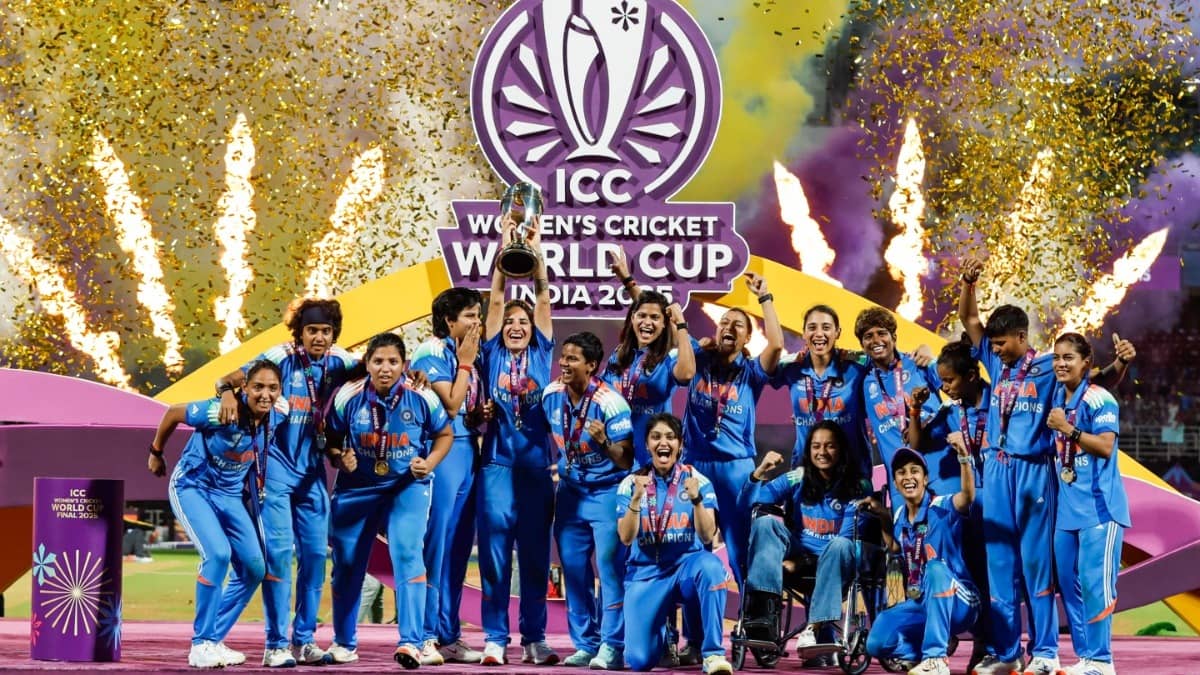 India Women's team celebrate with the trophy after winning the ICC Women's World Cup 2025 final against South Africa