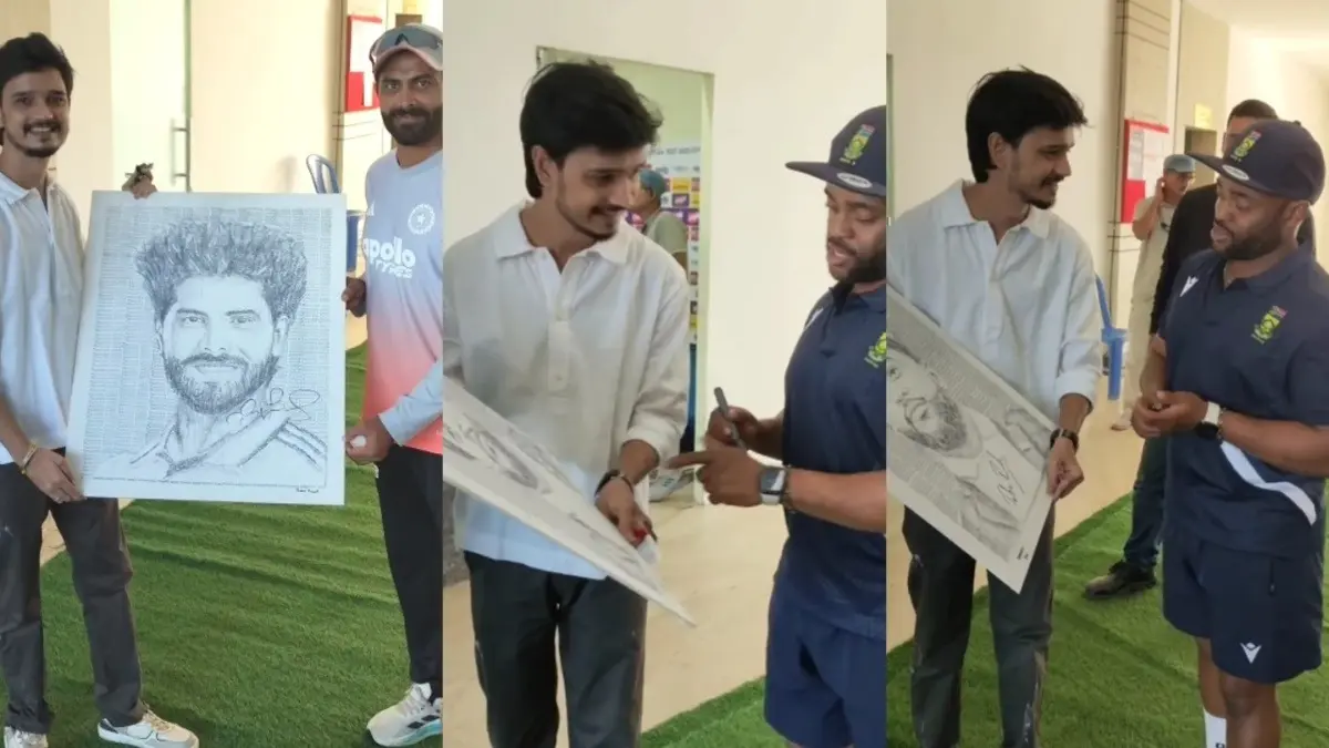 Indian artist Rahul Pareek with Ravindra Jadeja and Temba Bavuma