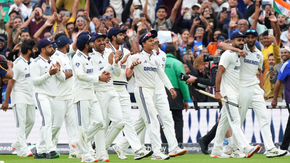 Indian cricket team celebrate their Test victory at the Oval