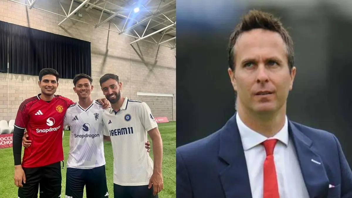Indian cricketers with Man-U footballers (L), Michael Vaughan (R)